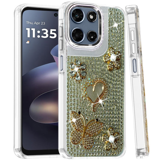 Phone Case for Motorola Moto G Play 5G 2026 Luxury Crystal Butterfly Floral Jeweled Heart Full Diamond Design, Sparkling Decorative Details, Elegant Style Cover Silver