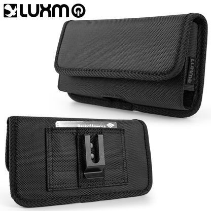 For Apple iPhone 16 Plus (6.7") Universal Horizontal Cell Phone Case Fabric Holster Carrying Pouch with Belt Clip and 2 Card Slots fit XXL Devices [Black]