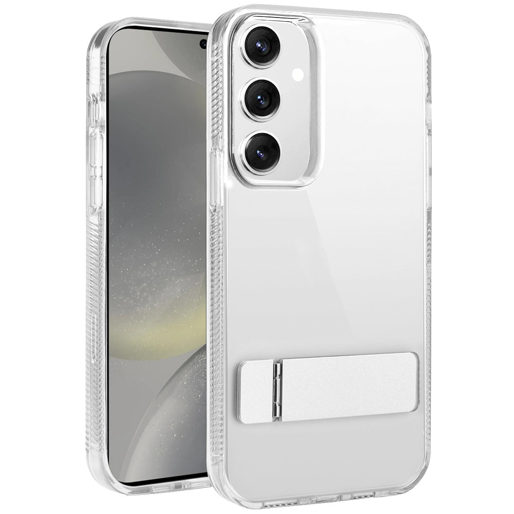 For Samsung Galaxy S25 /S24 Transparent with Sturdy Metal Kickstand Hybrid Dual Layer Tough Shock-Absorbent Slim Fit Hard PC + TPU Case Cover Clear