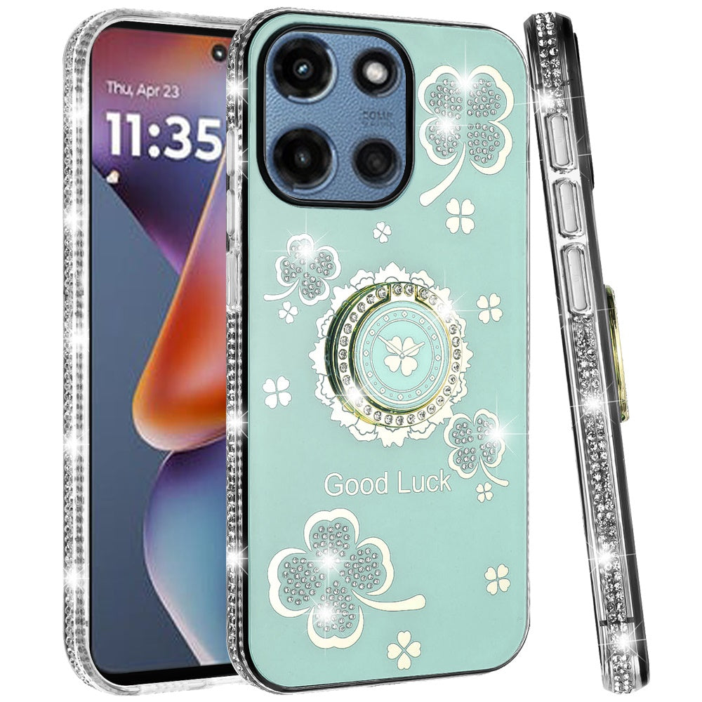 For Motorola Moto G Power 5G 2025 Diamonds Bling All Around Edges Sparkly Glitter Hybrid with Ring Stand Holder Fashion Good Luck Case Cover