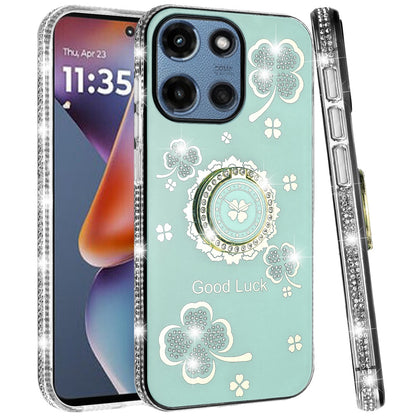 For Motorola Moto G Power 5G 2025 Diamonds Bling All Around Edges Sparkly Glitter Hybrid with Ring Stand Holder Fashion Good Luck Case Cover