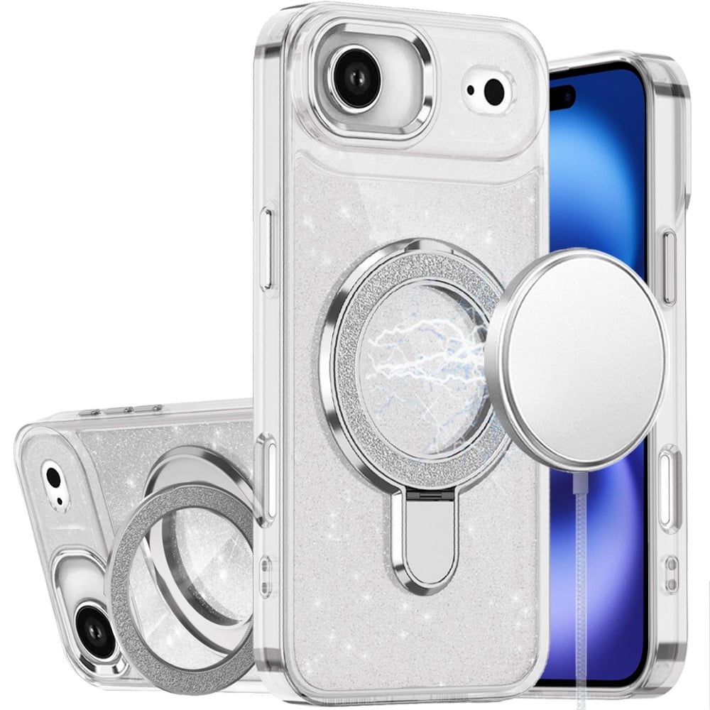 For Apple iPhone 17 Air (6.6") Transparent Glitter Bling Case with Rotating Magnetic Ring Stand, Shockproof Hybrid Case Cover Clear