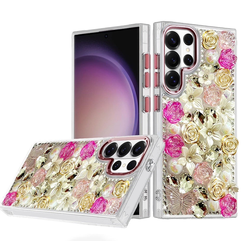Phone Case for Samsung Galaxy S23 Ultra Luxury Rose Bling Rhinestone Glitter Floral Hybrid Shockproof Stylish Protective Designer Ornament Sparkle Cover Pink