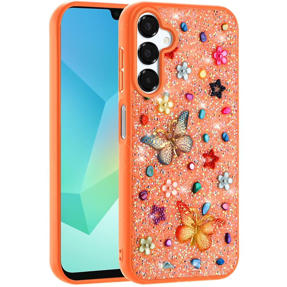 Phone Case for Samsung Galaxy A16 5G 3D Butterfly Diamond Bling Glitter Shockproof Stylish Protective Luxury Hybrid Sparkly Durable Grip Design Cover Cosmic Orange