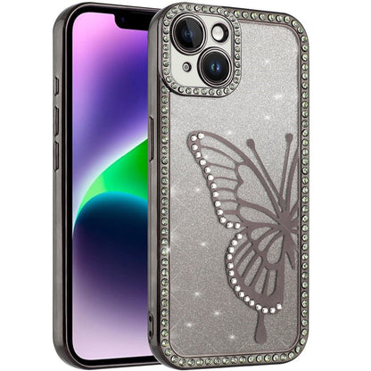 For Apple iPhone 14 /13 Butterfly Glitter Diamond Shimmer Hybrid Slim & Stylish Electroplated Sparkly Bling Shockproof TPU Protective Case Cover