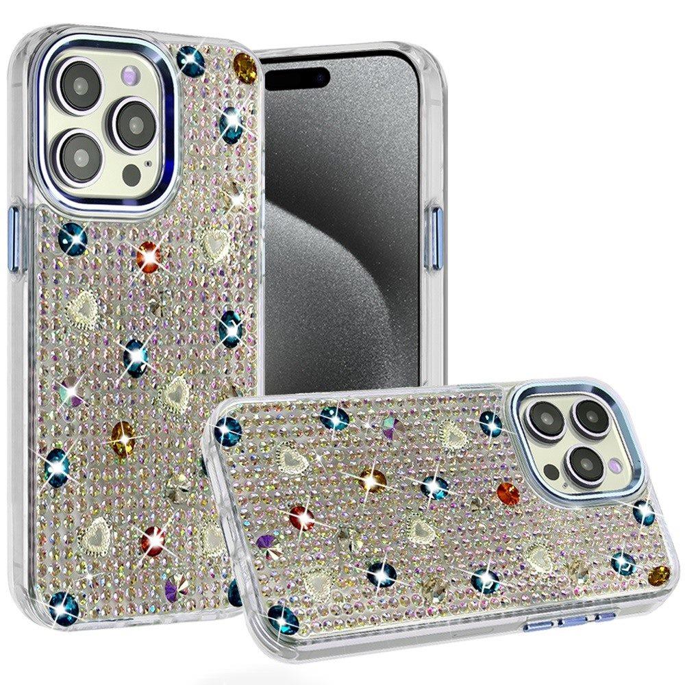 Phone Case for Apple iPhone 15 Pro Max Chrome Fashion Hybrid Bling Diamond Heart Rhinestone Decorative Stones Sparkling Embellished Design Cover