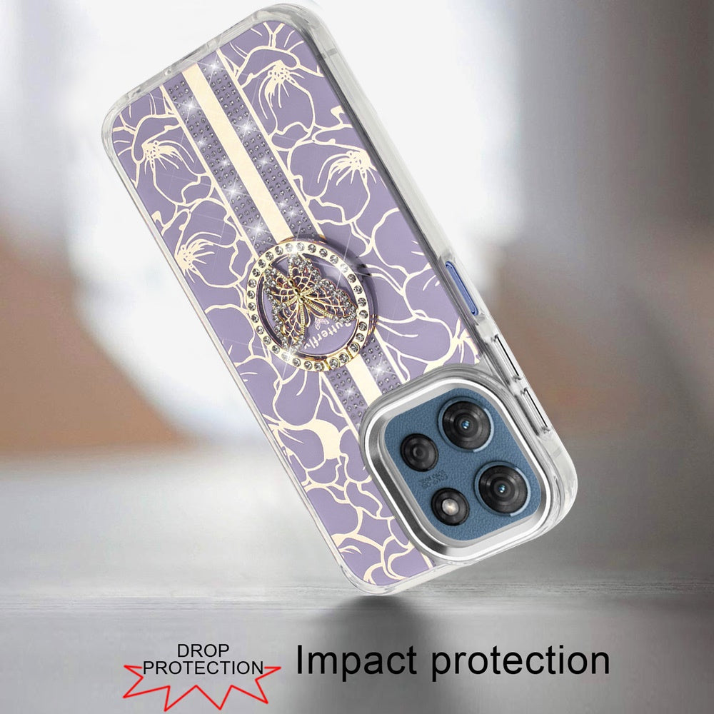 For Motorola Moto G 5G 2025 Diamonds 3D Butterfly Floral Design Bling Sparkly Glitter Hybrid Metal Fashion with Ring Stand Case Cover Purple