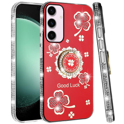 For Samsung Galaxy S23 Ultra Diamonds Bling All Around Edges Sparkly Glitter Hybrid Ring Stand Holder Fashion Good Luck Case Cover