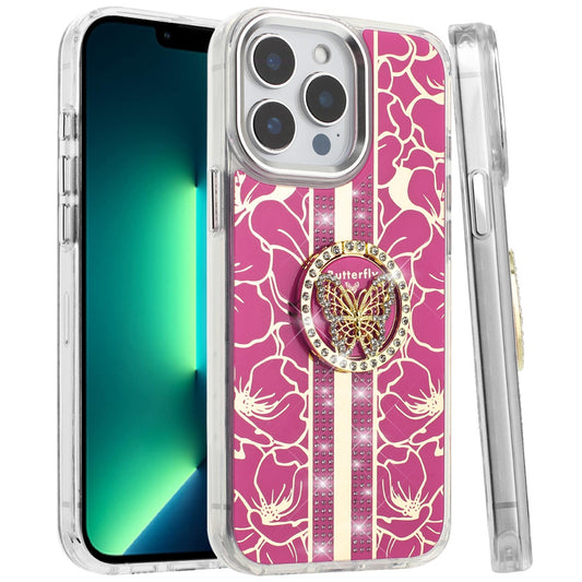 Phone Case for Apple iPhone 13 Pro Max Floral Butterfly Ring Stand Glitter Bling Shockproof Hybrid Luxury Fashion Protective Anti Slip Durable Grip Cover