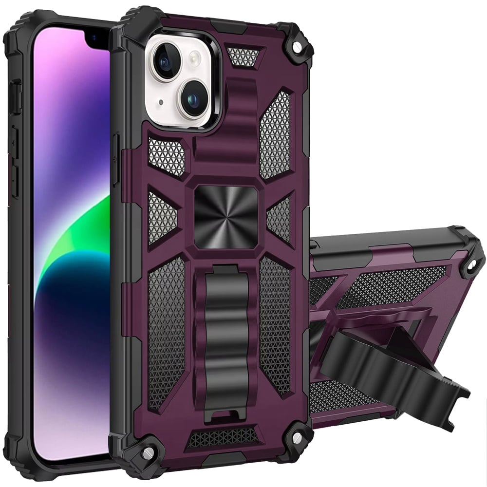 Phone Case for Apple iPhone 14 Built in Magnetic Hiden Kickstand Shockproof Rugged Armor Grip Hybrid Heavy Duty Anti Slip Protective Style Cover Purple