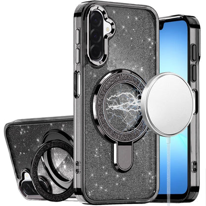For Samsung Galaxy A17 5G Transparent Glitter Bling Case with Rotating Magnetic Ring Stand, Shockproof Hybrid Case Cover Black