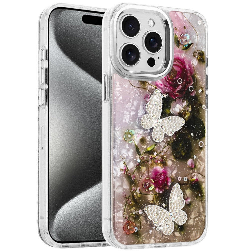 For Apple iPhone 14 Pro Max Epoxy Glitter Flowers Bling 3D Butterfly Fashion TPU Hybrid with Shockproof Protection Case Cover