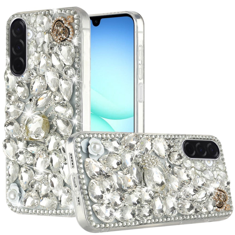 Phone Case for Galaxy A17 5G Luxury Full Diamond Glitter 3D Floral Ornament Hybrid Shockproof Stylish Rhinestone Designer Protective Elegant Cover Silver