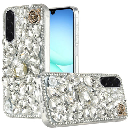 Phone Case for Galaxy A17 5G Luxury Full Diamond Glitter 3D Floral Ornament Hybrid Shockproof Stylish Rhinestone Designer Protective Elegant Cover Silver