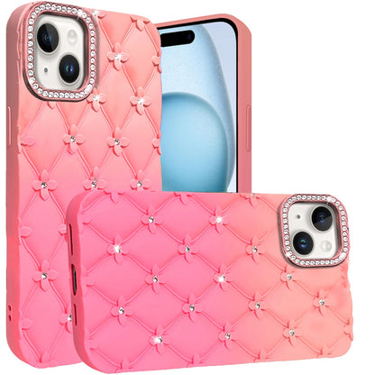 For Apple iPhone 16 Plus (6.7") Fashion Flower Design Sparkle Glitter Shimmer Rhinestone Bling Leather Feel Thick TPU Rubber Hard PC Case Cover