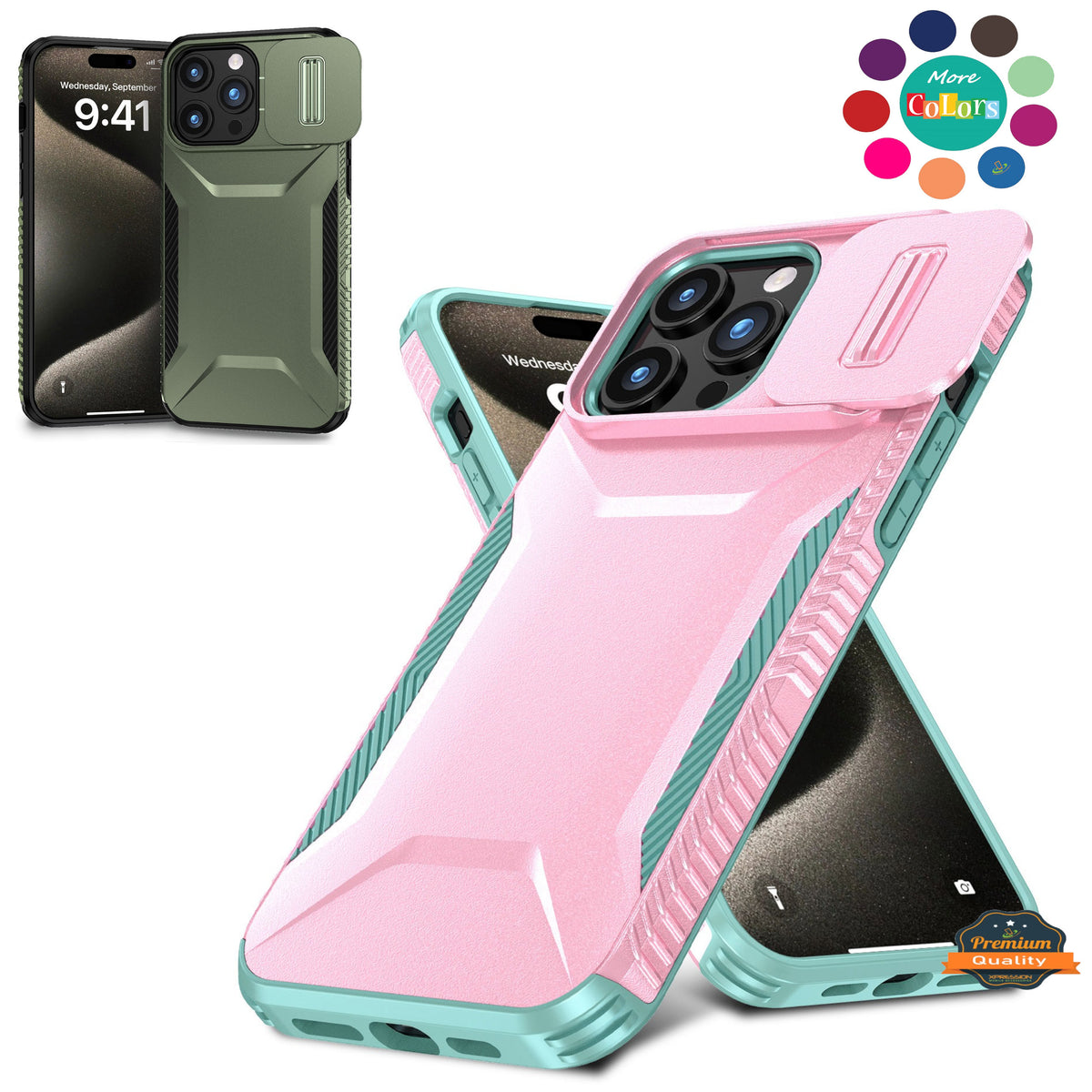 For Apple iPhone 13 (6.1") Slim Fit Shockproof Hybrid with Slide Camera Window Covering, Rugged Tpu Silicone Hard PC Bumper Case Cover