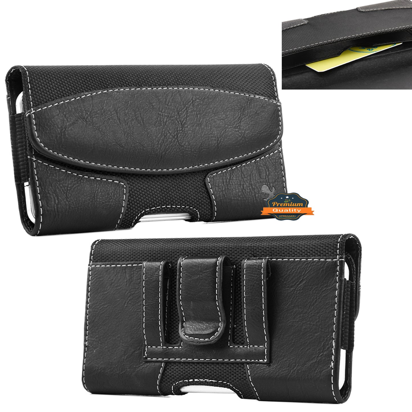 For Apple iPhone 16 Pro (6.3") Horizontal Universal Pouch Case PU Leather Cell Phone Holster with Belt Clip and Card Slot Pocket Cover (Size 6.3") [Black]