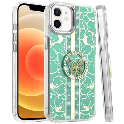 For Apple iPhone 16e Diamonds 3D Butterfly Floral Design Bling Sparkly Glitter Hybrid Metal Fashion with Ring Stand Case Cover
