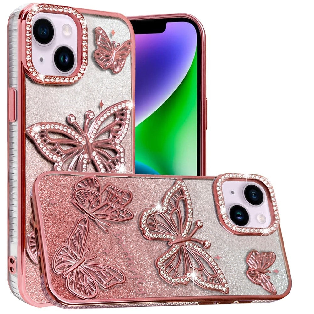 For Apple iPhone 16 (6.1" ) Luxury Butterfly Sparkle Glitter Diamond Crystal Rhinestone Shimmer Bling Plating Thick TPU Hard PC Case Cover