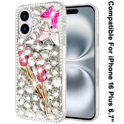 Phone Case for Apple iPhone 16 Plus Luxury Full Diamond Glitter 3D Floral Ornament Hybrid Shockproof Stylish Rhinestone Designer Protective Elegant Cover