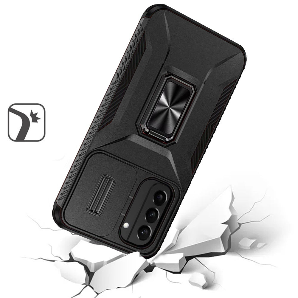 For Samsung Galaxy S21 Case, Camera Cover with Magnetic Rotation Ring Stand, Military Grade Hybrid Hard TPU Shockproof Case Cover Black