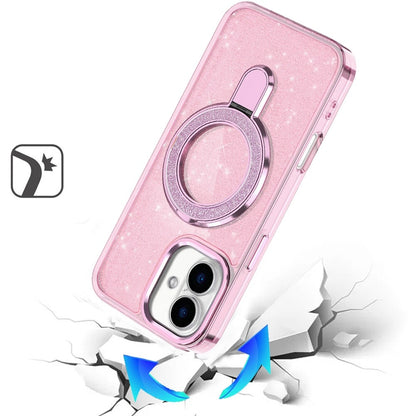 Phone Case for Apple iPhone 17/ iPhone 18 Transparent Glitter Bling Magnetic Ring Stand Shockproof Anti Slip Rotating Grip Protective Hybrid Durable Armor Cover