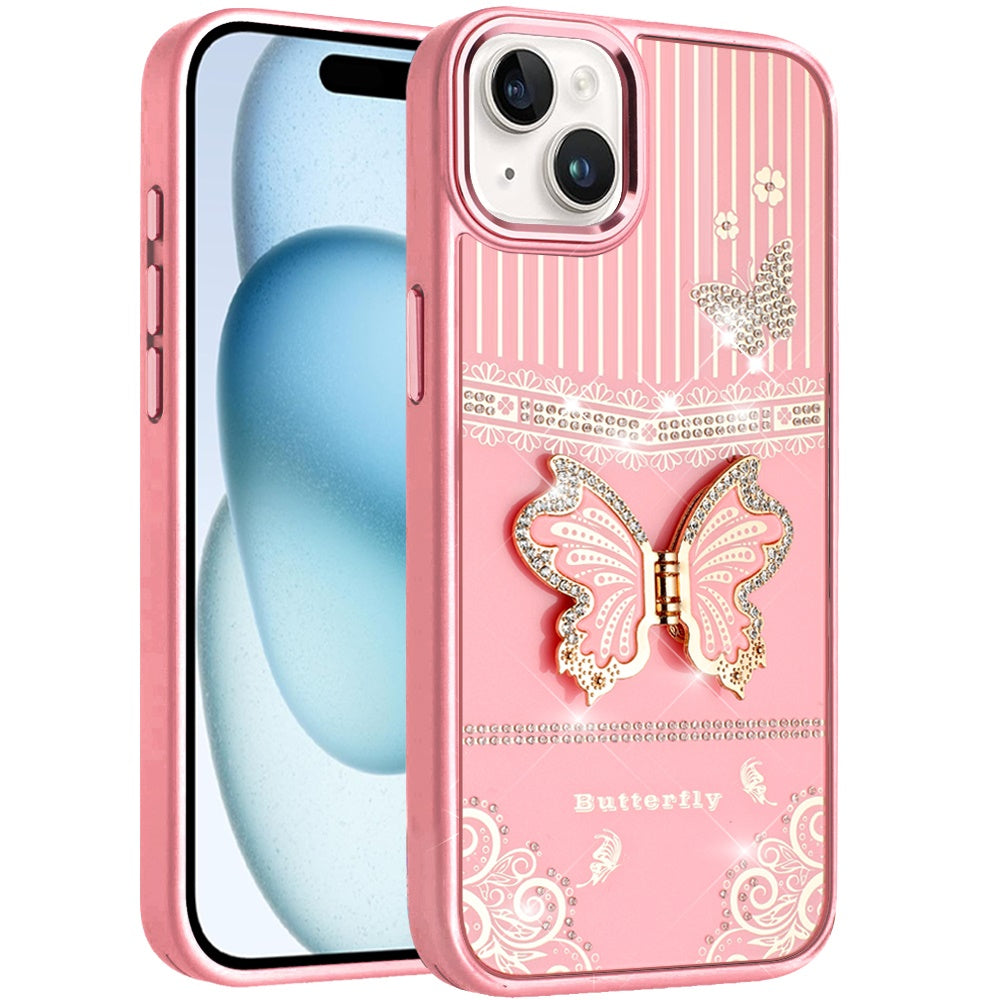 Phone Case for Apple iPhone 15 Glitter Bling Butterfly Stand Metallic Edge Hybrid Shockproof Grip Durable Camera Protection Stylish Design Cover