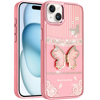 Phone Case for Apple iPhone 15 Glitter Bling Butterfly Stand Metallic Edge Hybrid Shockproof Grip Durable Camera Protection Stylish Design Cover