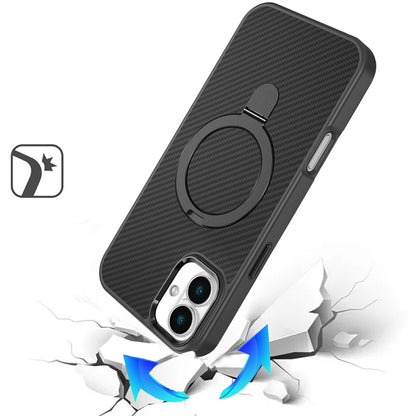 For Apple iPhone 16e (E edition) Hybrid Carbon Fiber Design with MagSafe Compatible [Magnetic Circle], Ring Stand Shockproof Slim TPU Case Cover