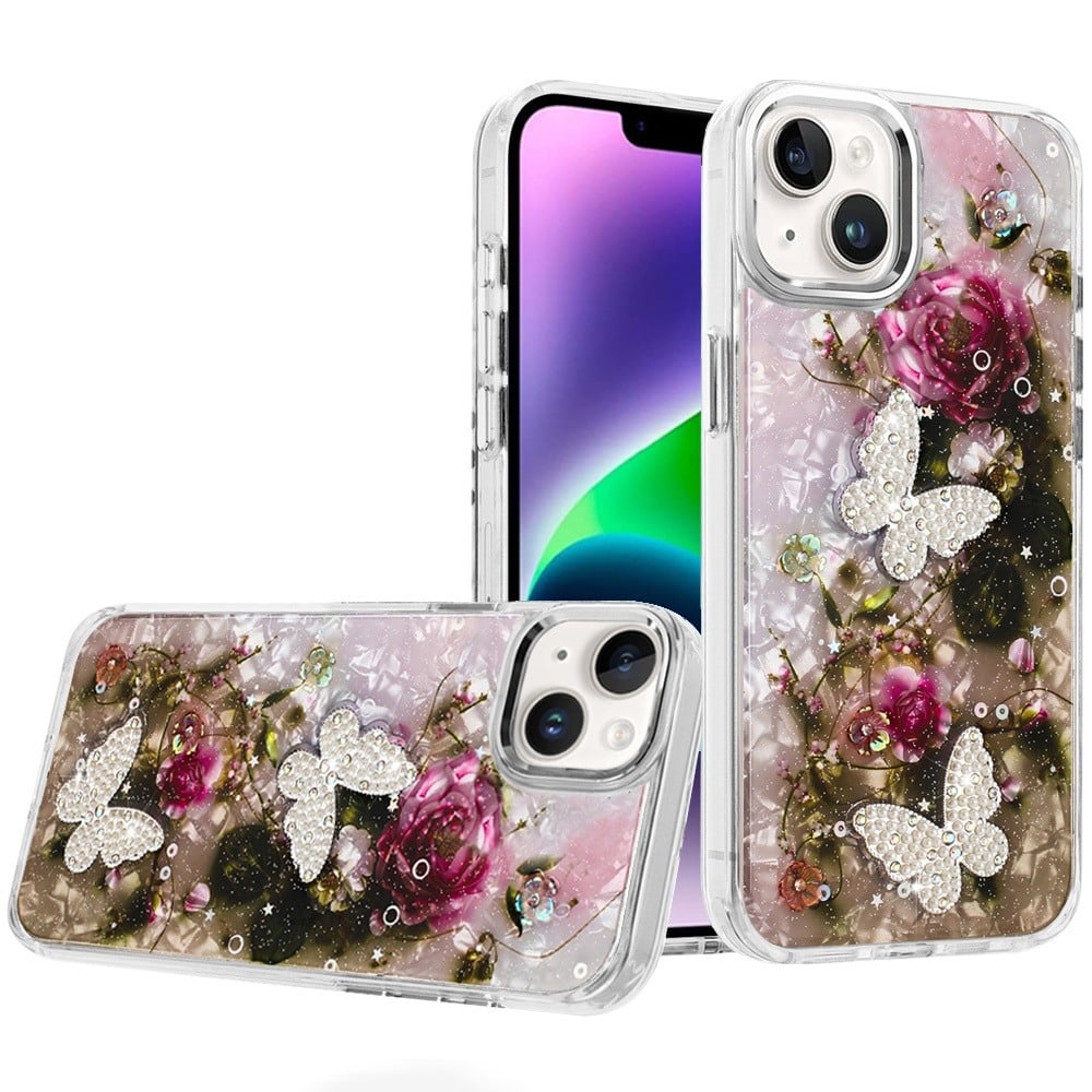 For iPhone 14/13 (6.1") Epoxy Glitter Flowers Bling 3D Butterfly Fashion TPU Hybrid with Shockproof Protection Case Cover Rose Gold