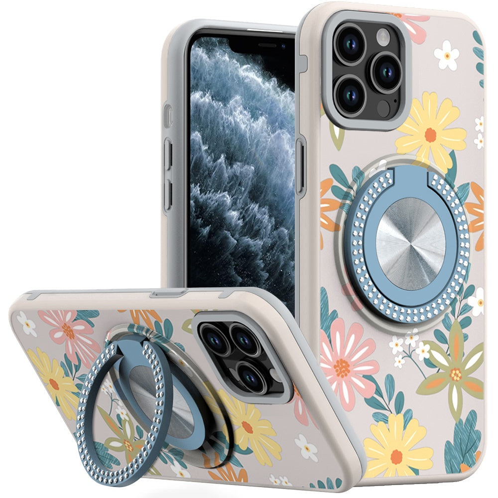 For Apple iPhone 11 Pro Max Pattern Design Hybrid with Invisible Ring Stand & Magnetic Back, Shockproof Protective Grip Case Cover Summer Blossom Flowers