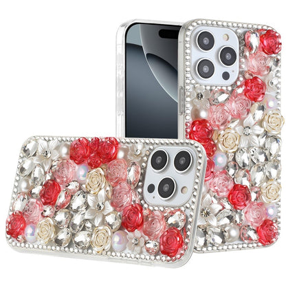 Phone Case for Apple iPhone 16 Pro Max Rose Flower Full Diamond Bling Rhinestone Glitter Luxury Stylish Sparkle Protective Designer Hybrid Cover Red