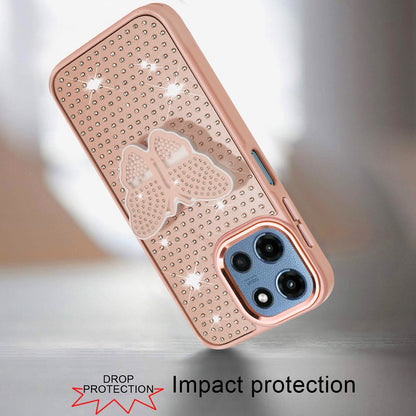 Phone Case for Motorola Moto G Play 5G 2026 Butterfly Grip Pop Stand Diamond Sparkle Hybrid Shockproof Metal Button Slim Protective Grip Decorative Design Cover Rose Gold