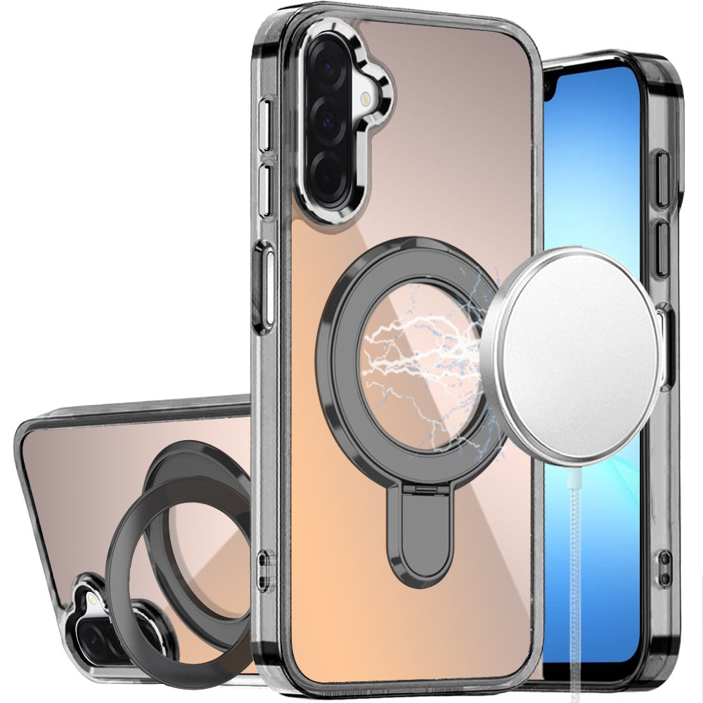 For Samsung Galaxy S25 Fan Edition /Galaxy S25 FE Chrome Hybrid with Rotating Magnetic Circle Ring Stand, Slim Shockproof Hybrid Case Cover Black