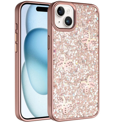For iPhone 15 (6.1") Cute Butterfly Crystal Diamond Glitter Case Sparkle Bling Frame Metallic Edges, Shimmer TPU Hybrid Case Cover