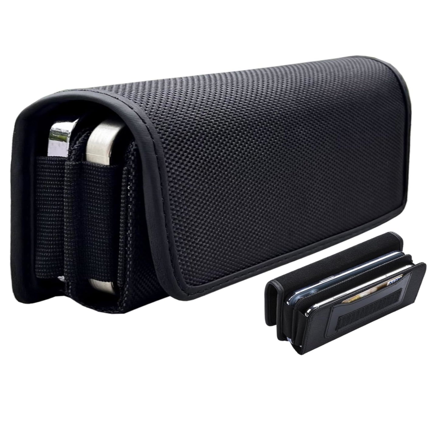 For Apple iPhone 16 Pro (6.3") Universal Dual Phone Holster Horizontal Pouch for 2 Phones, Double Decker Belt Clip Case with Credit Card Slots Wallet Cover [Black]
