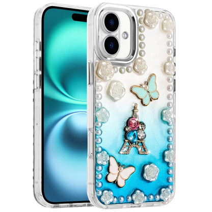 For Apple iPhone 17 (6.3") Bling Fashion Design with 3D Pearls Epoxy Glitter Ornaments Chrome Edge Hard Slim PC Case Cover