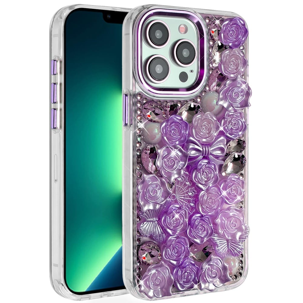 For Apple iPhone 13 Pro Max Muti-Color Floral Fashion Bling Crystal 3D Full Diamonds Stones Sparkle Rhinestone Glitter Hybrid Case Cover Purple