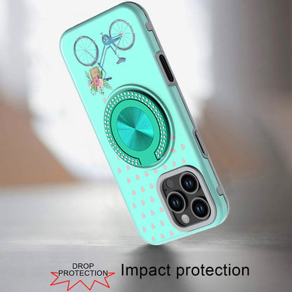 For iPhone 16 Pro Max (6.9") Pattern Design Hybrid with Invisible Ring Stand & Magnetic Back, Shockproof Protective Grip Case Cover