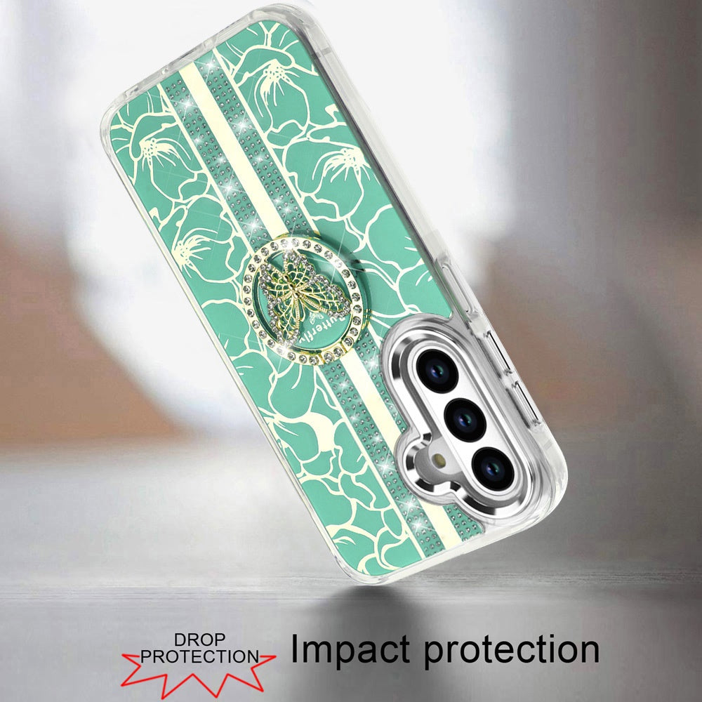 For Samsung Galaxy A17 5G Diamonds 3D Butterfly Floral Design Bling Sparkly Glitter Hybrid Metal Fashion with Ring Stand Case Cover