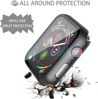 For Apple Watch Size 42mm Hard PC Electroplate Frame Face Full Coverage Protective with Tempered Glass Screen Protector Case Cover Black