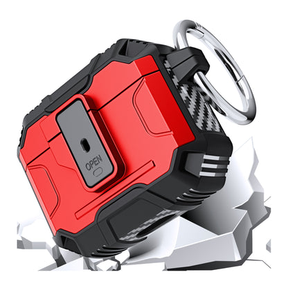 For Airpods Pro 3 (2025) Heavy Duty Hybrid Shockproof Case Hard PC Rubber TPU Cover with Open Button & Metal Hook Case Cover Red
