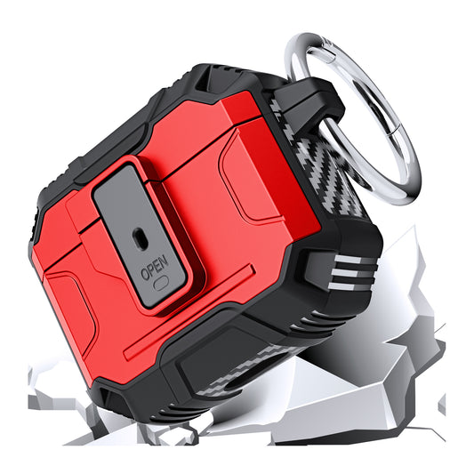 For Airpods Pro 3 (2025) Heavy Duty Hybrid Shockproof Case Hard PC Rubber TPU Cover with Open Button & Metal Hook Case Cover Red