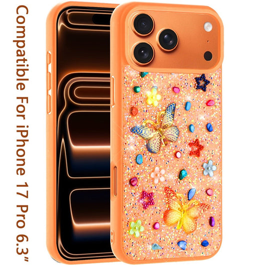 Phone Case for Apple iPhone 17 Pro 3D Butterfly Diamond Bling Glitter Shockproof Stylish Protective Luxury Hybrid Sparkly Durable Grip Design Cover Cosmic Orange
