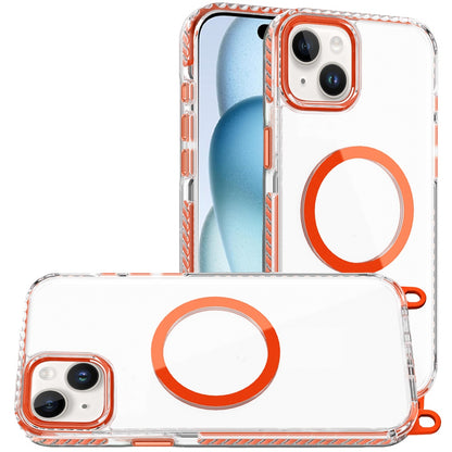 Phone Case for iPhone 15 Plus (6.7") Transparent Magnetic Lanyard Shockproof Hybrid Clear Grip Durable Camera Protection TPU Anti-Slip Design Cover Cosmic Orange