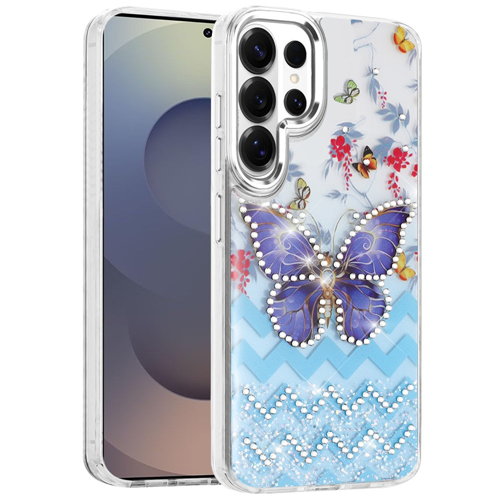 For Samsung Galaxy S26 Ultra Butterfly Resin Epoxy Diamond Design Metal Edged Hybrid Shockproof Heavy Duty Drop Protection Case Cover