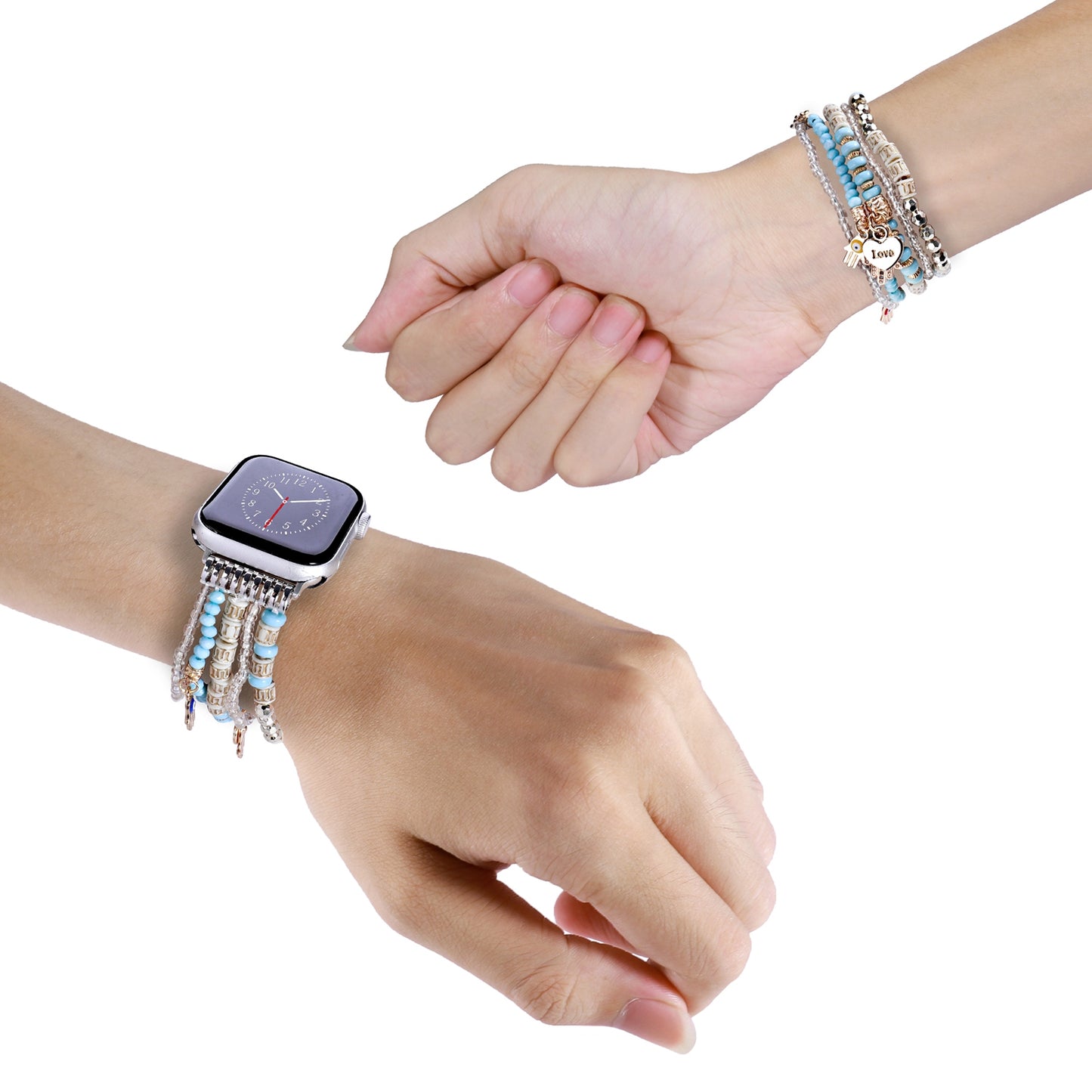 Watch Band for Apple Watch 38/40/41mm, Series 1-8 & SE Beaded Stretch Bracelet Love Charm Pendant Elastic Comfortable Replacement Strap Blue