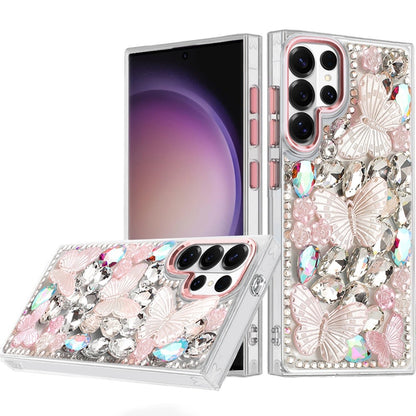 Phone Case for Samsung Galaxy S23 Ultra Luxury 3D Floral Butterfly Bling Rhinestone Glitter Shockproof Stylish Protective Hybrid Designer Metallic Cover