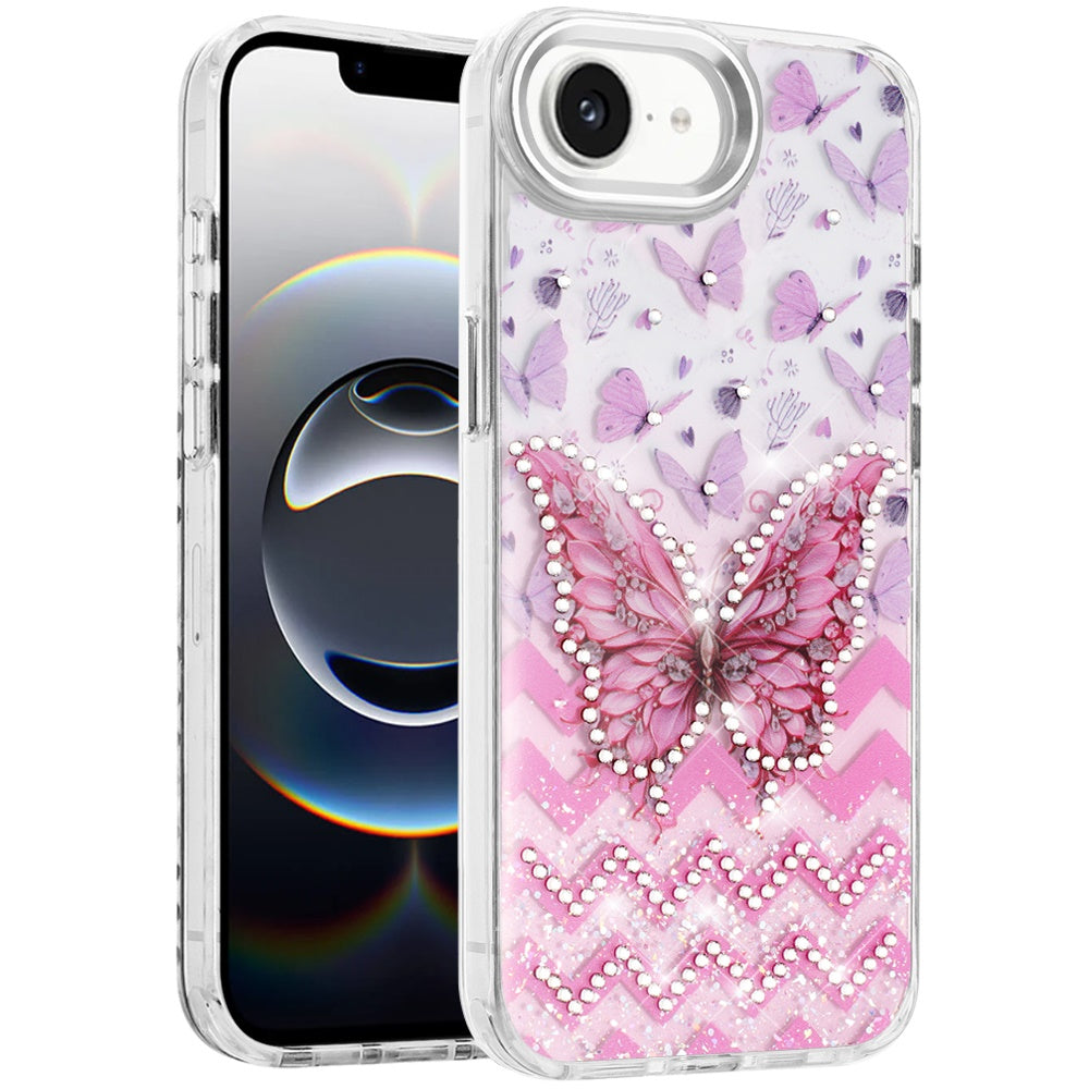 For Apple iPhone 17E /16E Butterfly Resin Epoxy Diamond Design Metal Edged Hybrid Shockproof Heavy Duty Drop Protection Case Cover