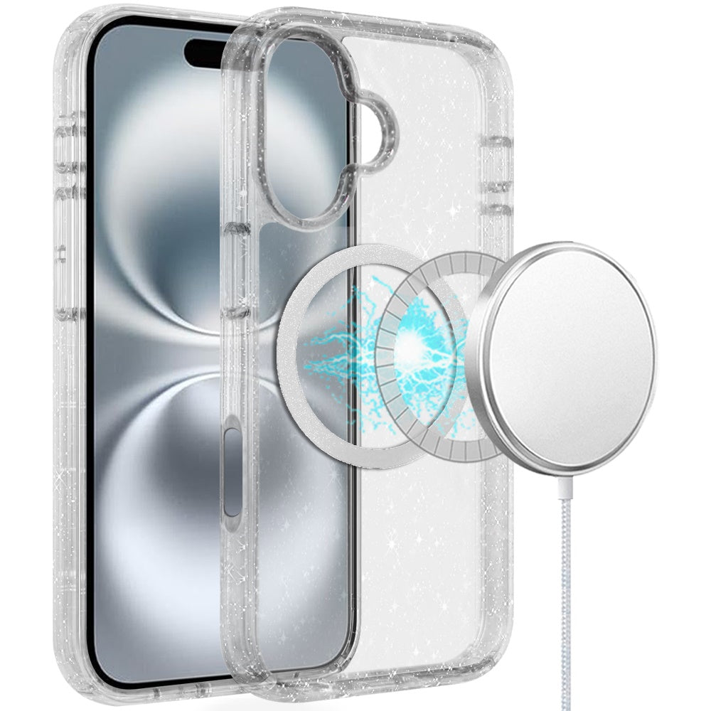 For Apple iPhone 16 Pro (6.3") Transparent Glitter Bling Sparkly Shiny Case Hybrid Magnetic Circle Compatible with MagSafe Shockproof Case Cover